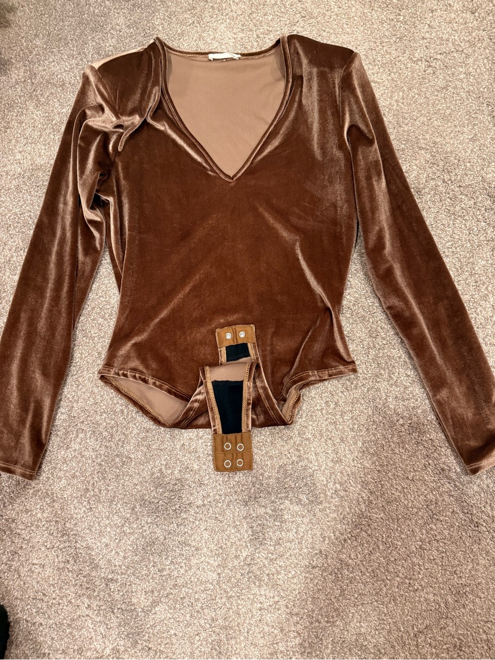 Avec Les Filles Brown Velvet V-Neck Bodysuit